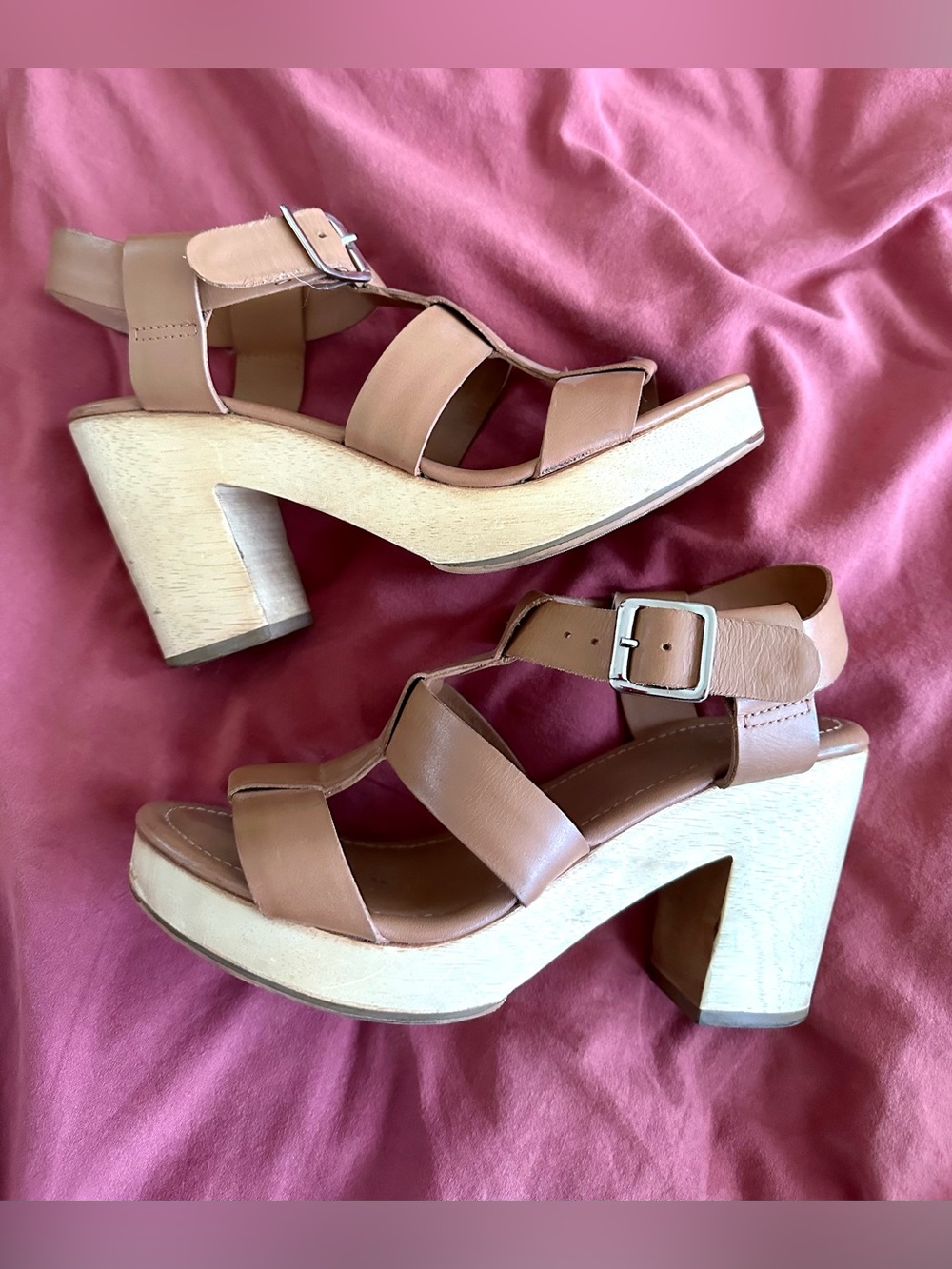 A.P.C. Tan Leather Platform Sandals with Wood-Look Block Heel (size 37 / 7 )